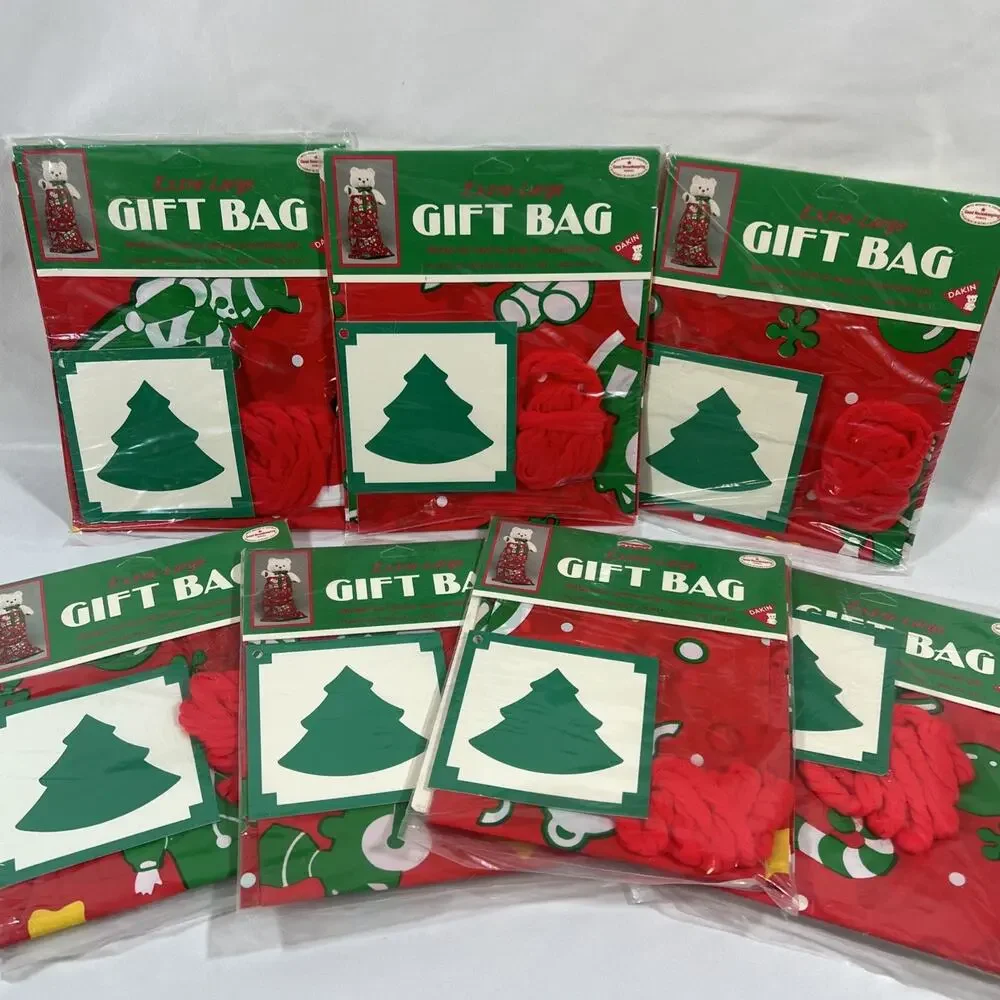 Vintage 1988 Lot of 7 Dakin Extra Large Gift Bags 24x36” + Yarn & Tags Red Green